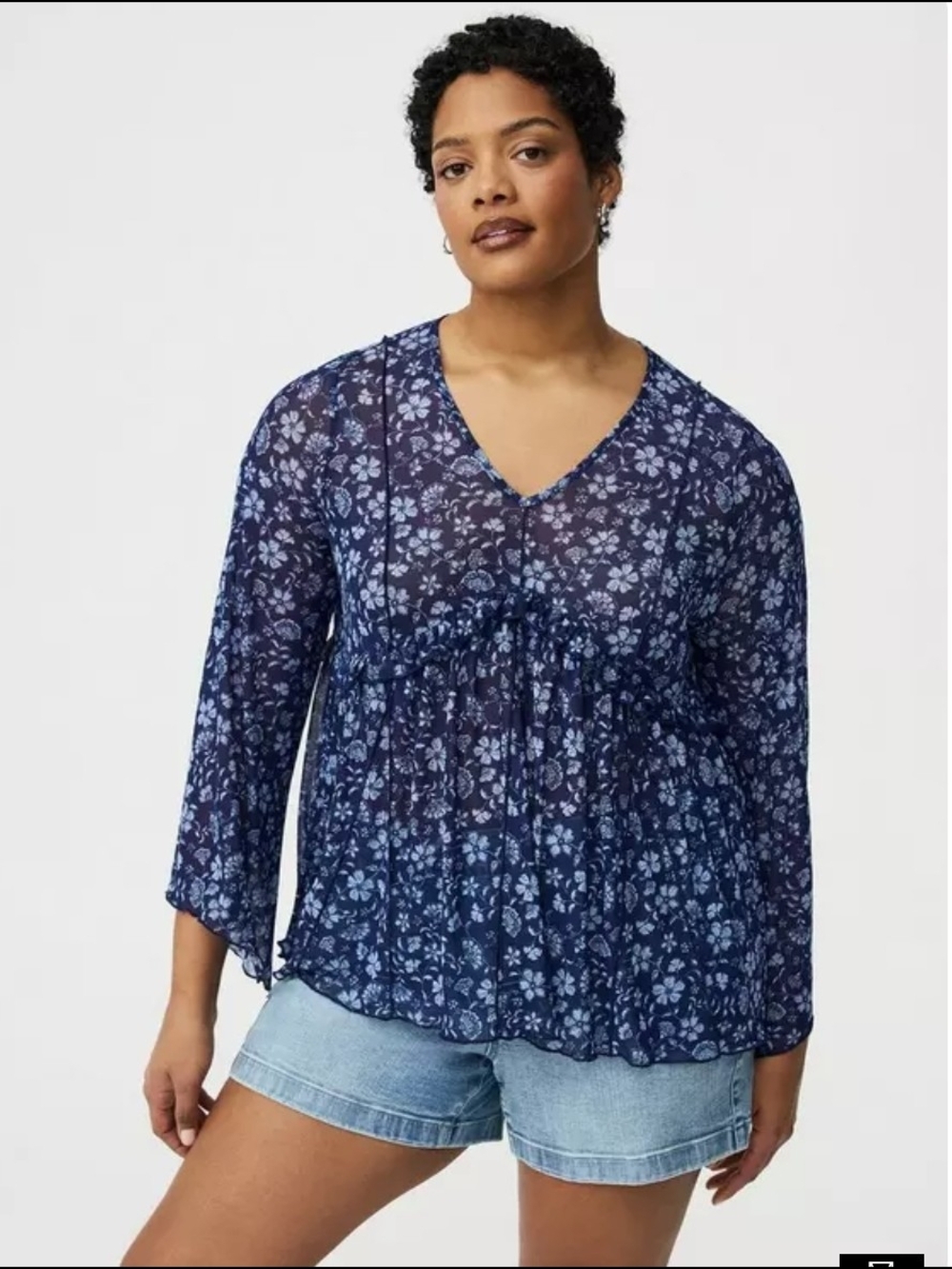 Torrid Navy Floral V-Neck Sheer Peasant Blouse